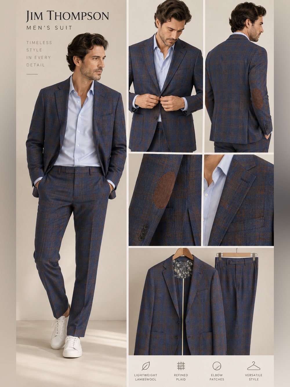 Jim Thompson Men’s Lightweight Lambswool Plaid Suit Blazer 40 Pants 34